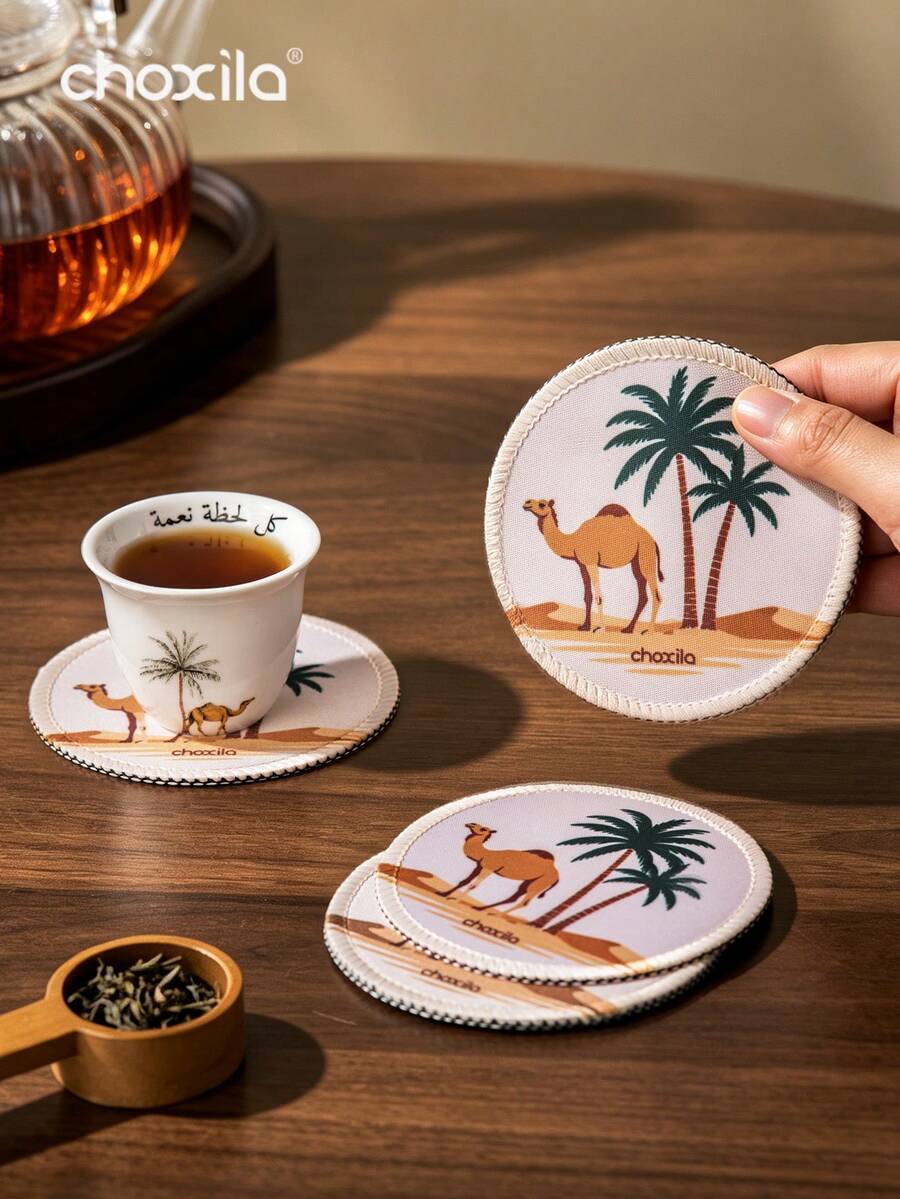 choxila 1/4pcs Camel & Coconut Tree Print Coasters, Exquisite Round Heat-Insulating Pads, Table Decor, Polyester Non-Slip Coasters, Handmade Bowl Mats, Home Decor, Vintage Desk Mats. Suitable For Tea Room, Office Reception - Coasters - View 1