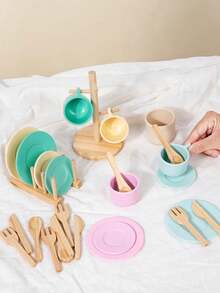 Set Peralatan Makan Kayu Warna Macaron Mainan Bermain Peran Cangkir Piring Garpu Sendok dengan Rak Penyimpanan Perlengkapan Dapur untuk Minum Teh Sore Kombinasi untuk Anak Usia 3+ Tahun Permainan Peran Dapur dan Makan Mainan Edukasi Interaktif Pengenalan Warna dan Keterampilan Motorik Halus untuk Anak-Anak, Mainan Edukatif Interaktif untuk Minum Teh Sore, Hadiah Ulang Tahun untuk Anak Laki-laki dan Perempuan - MultiWarna - View 4