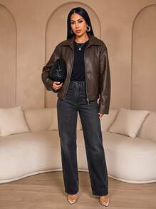 Retro Collar Long Sleeve Minimalist PU Leather Loose Jacket, New Distressed Leather Jacket, Solid Color Zipper Vintage PU Jacket Brown - Brown - View 1