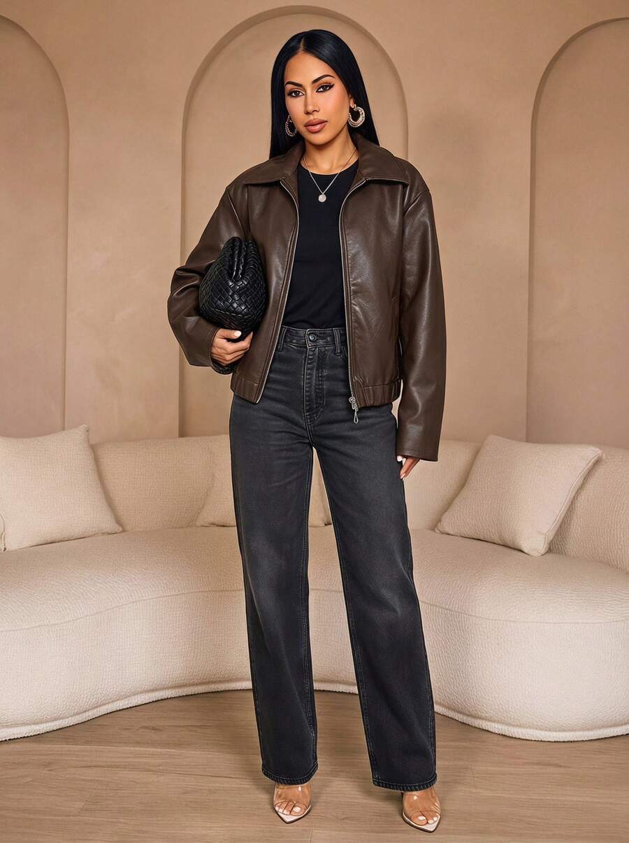 Retro Collar Long Sleeve Minimalist PU Leather Loose Jacket, New Distressed Leather Jacket, Solid Color Zipper Vintage PU Jacket Brown - Brown - View 1