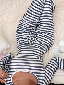 2pcs/Set Women's Slim Fit Sexy Loungewear Set, Large Scoop Neck Top And Wide Leg Pants, Comfortable Home Wear Suitable For Outdoor - Blue and White - View 5