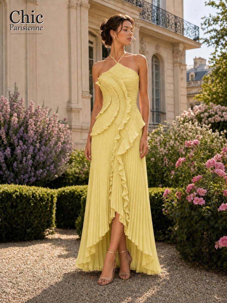 Yellow:Yellow Cross Halter Flowy Pleated Ruffle Maxi Dress - 黃色 - 查看 1