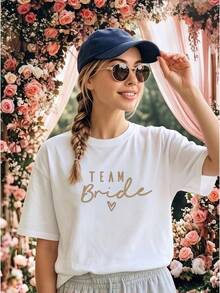 Women's Summer Y2K-Style Short-Sleeved T-Shirt, Decorated With Gold Letters And Small Heart Patterns. - White - View 2
