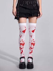 4pcs Halloween Horror Blood Splatter & Skeleton Thigh High Socks, Goth Cross Bow Over The Knee Stockings For Cosplay - Multicolor - View 3