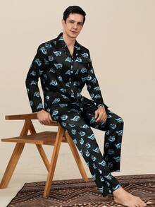 Men's Spring/Autumn Cardigan Faux Silk Pajama Set, Premium Long Sleeve Long Pants Comfortable Loungewear - Multicolor - View 1