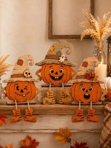 3pcs/1pc-Halloween Thanksgiving Wooden Pumpkin Ornament Plaques,Thanksgiving Decorations,Halloween Party Supplies,Room Decor,Thanksgiving Home Decor,Table Centerpiece,Harvest Festival Decor,Desk Decorations, Window Decorations,Fall Mantel Decor - Multicolor - View 6