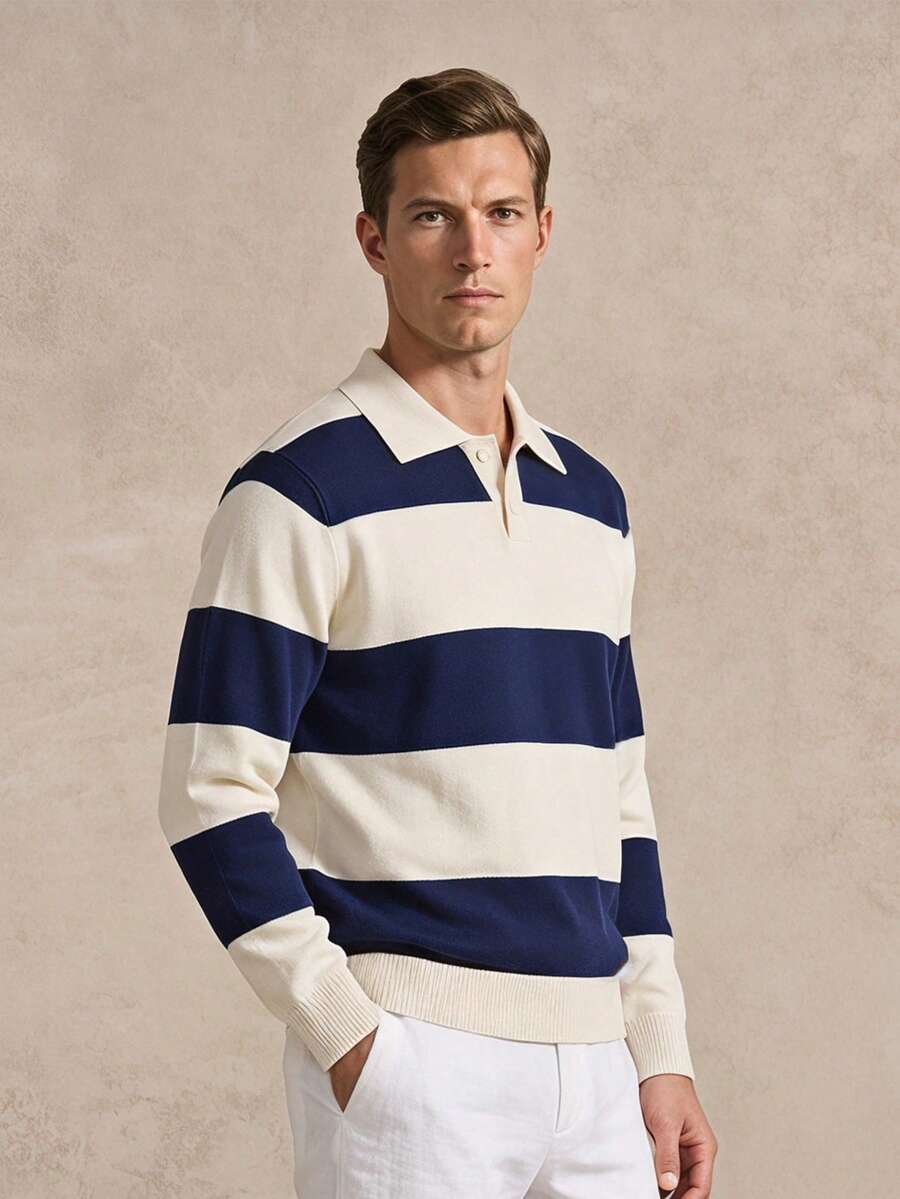 Courvante 休闲宽松条纹撞色 Polo 领针织套头毛衣,男女皆宜,适合春、秋、冬季穿着,复古风格 - 杏色 - 查看 1