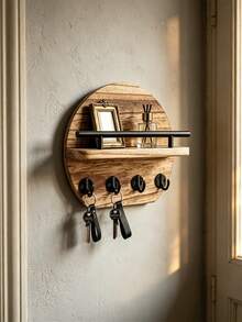 1 Stück runder Holz-Schlüsselhalter mit Wandmontage und Regal, 4 Metallhaken, Eingangsbereich-Organizer, modernes hängendes Aufbewahrungsregal für Schlüssel, Taschen und kleine Gegenstände, Wohndekoration für Flur, Schlafzimmer, Wohnung, Einweihungsgeschenk - Verschiedenfarbig - Übersicht 5