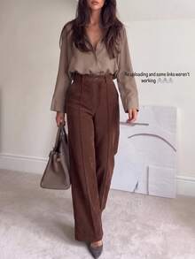 Celana Panjang Wanita Model Korduroi Pinggang Tinggi dengan Kaki Lebar, Jahitan Vertikal di Depan, Resleting Kancing Tunggal, Celana Panjang Kasual Warna Polos - Coklat - View 5