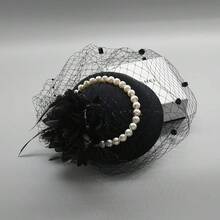 1pc Faux Pearl Decorated Hat, Vintage Elegant Style, Bridal Wedding Accessory, Decorated With Faux Feather And Mesh Details, Special Occasion Headpiece, Mini Top Hat, Mini Hat, Mini High Top Hat, Derby Hat, Hair Accessory, School Supplies, Elegant, Headpiece, Party Accessory, Gift, Party Styling, Evening Party - White - View 4