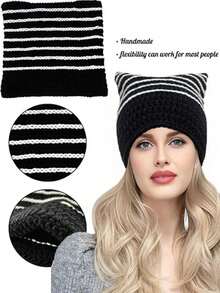 1pc Women's Handmade Knitted Hat, Y2K Striped Hat, Couple Cute Cat Ear Casual Hat, Suitable For Autumn/Winter Outdoor Sports, Street Fashion Matching, Christmas Winter Gift Cute - A - View 10