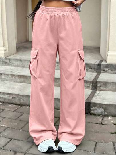 1 pieza Pantalones cargo casuales para niñas, pantalones deportivos de pierna recta sueltos y simples, adecuados para uso diario al aire libre