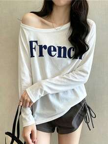 Women's White Long Sleeve Asymmetrical Shoulder T-Shirt, Regular Length Polyester Top, High Elasticity Fabric, Perfect Choice For Autumn Fashion. Casual - White - View 1