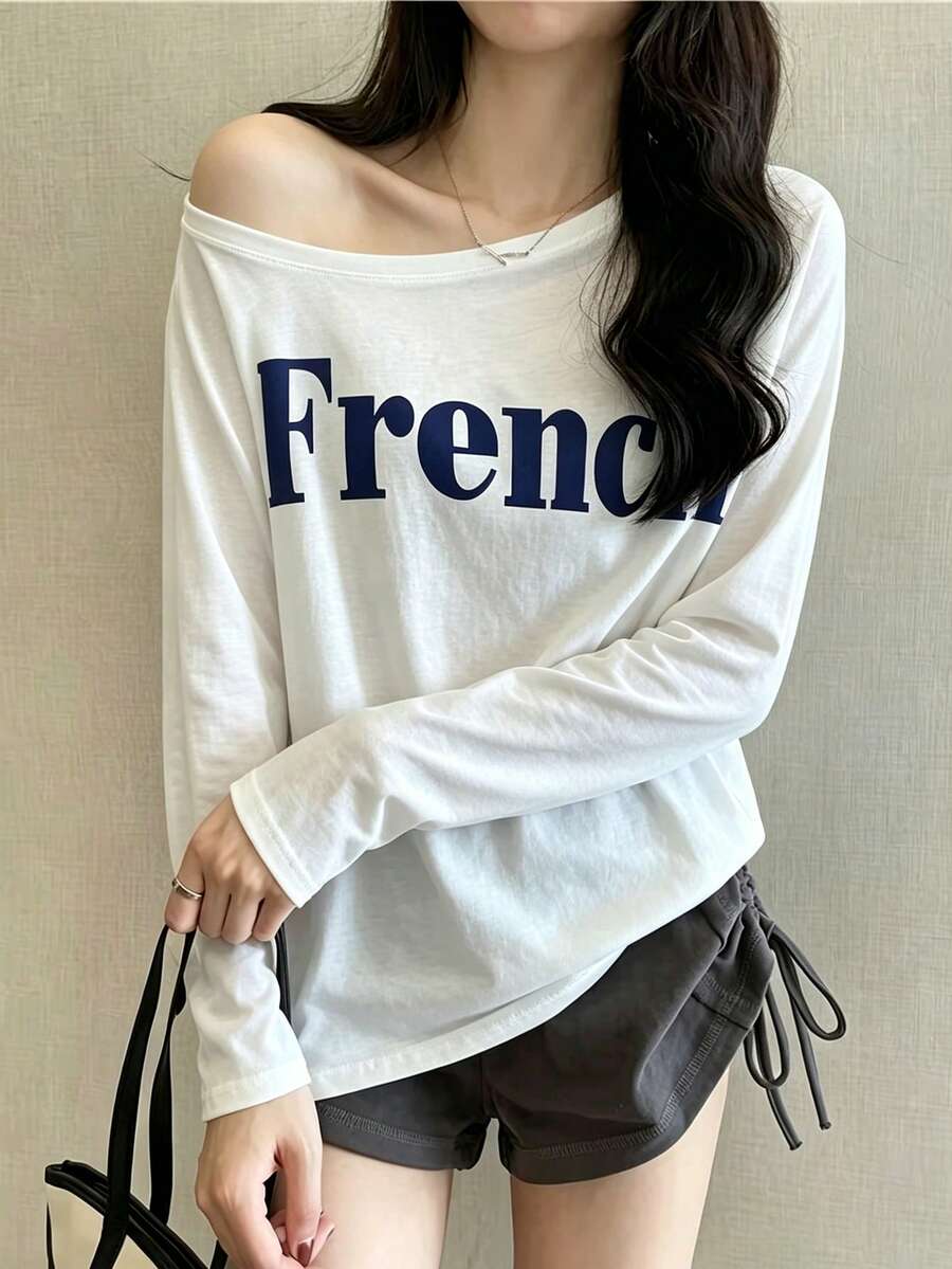 Women's White Long Sleeve Asymmetrical Shoulder T-Shirt, Regular Length Polyester Top, High Elasticity Fabric, Perfect Choice For Autumn Fashion. Casual - White - View 1