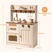 Robotime Robud Large Wooden Play Kitchen For Toddlers 3+ - Realistic Cooking Set With Vintage Design, Interactive Sink, Oven, Burners And Storage - Apricot - View 3