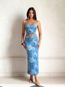 Summer Elegant Floral Print Spaghetti Strap Skirt Set - Blue - View 3