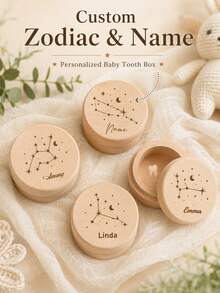 Custom Zodiac Tooth Keepsake Box, Personalized Wooden Tooth Storage Box, Rustic Room Decor, Customized Name Memory Box, Customizable Decorative Keepsake, Birthday Gift, Christmas Gift, Zodiac Sign Collection, Home Decor, Unique Gift Idea - Style a - View 1