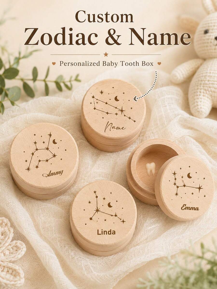 Custom Zodiac Tooth Keepsake Box, Personalized Wooden Tooth Storage Box, Rustic Room Decor, Customized Name Memory Box, Customizable Decorative Keepsake, Birthday Gift, Christmas Gift, Zodiac Sign Collection, Home Decor, Unique Gift Idea - Style a - View 1