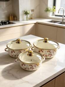 3pcs Multi-Functional Enamel Pot Set, Soup Pot, Stew Pot, Tableware, Multi-Purpose, Easy To Clean Non-Stick, Compatible With Gas, Open Flame, Induction Cooktop, Floral Design Thickened High-Temperature Stew Pot, Cooking Pot, Available In 16cm/18cm/20cm Capacity, Perfect For Halloween Home And Restaurant Use, Outdoor Camping Party Cookware, Suitable For Christmas, All Seasons Home Picnic, Travel And Portable Use - View 6