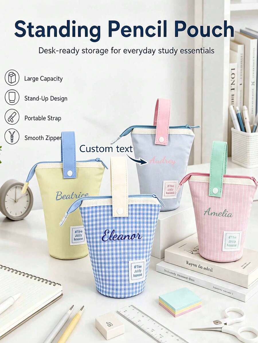 Hộp đựng bút đứng cá nhân hóa có logo văn bản tùy chỉnh, túi đựng bút bằng vải canvas dung tích lớn có khóa kéo, giá cắm bút để bàn chuyển đổi được, phù hợp cho trường học, đại học, văn phòng và đồ dùng văn phòng phẩm - Nhiều màu - Xem 1