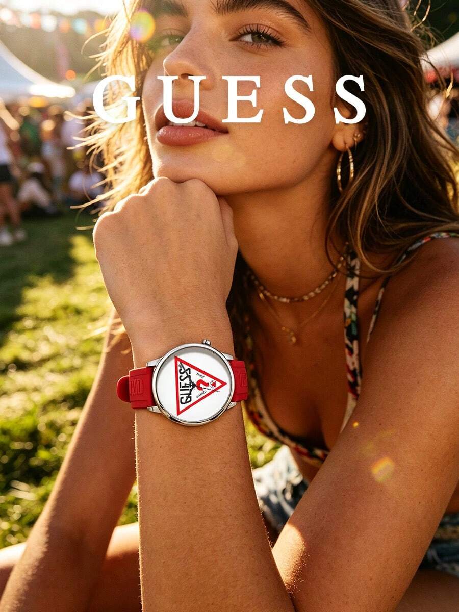 Guess 中性矽膠運動手錶,紅色圓盤面配三角形 Logo 圖案,類比石英腕錶,野餐戶外休閒,夏季日常穿戴,獨特禮物 - 紅色 - 查看 1