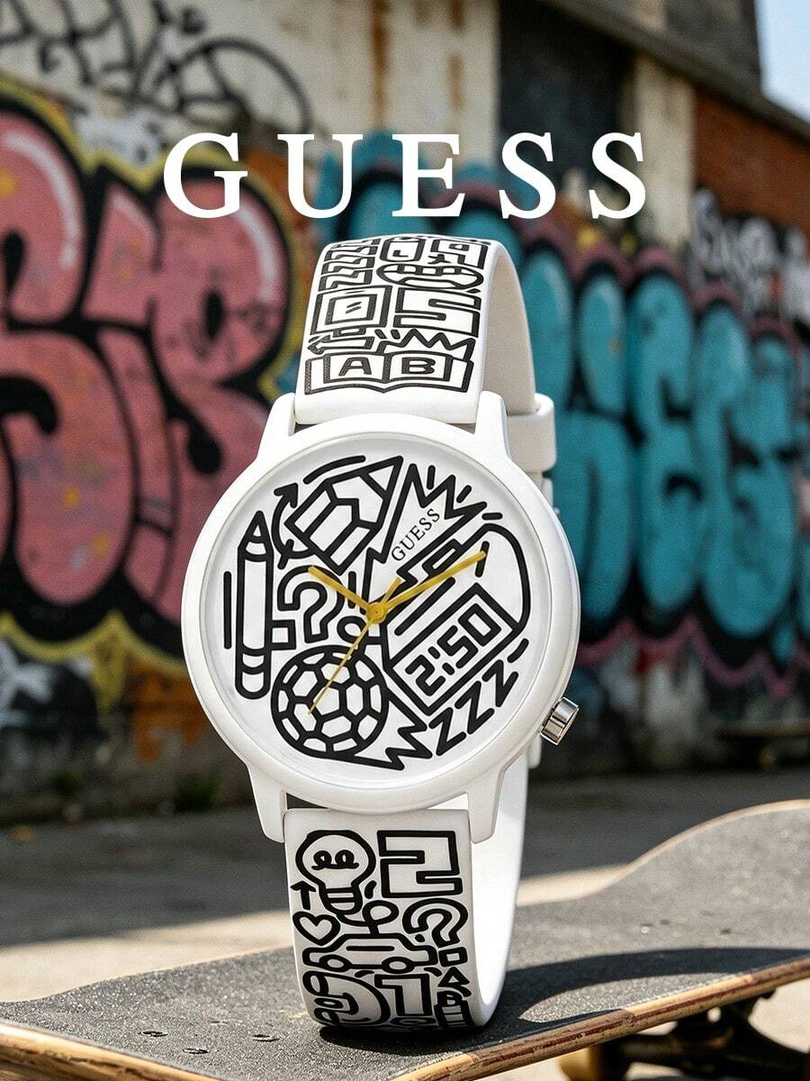 Guess Unisex Silicone Strap Wristwatch, White Round Dial With Graffiti Pattern, Analog Quartz Watch, Campus Sports Casual Daily Wear, Unique Fun Gift - White Graffiti - View 1