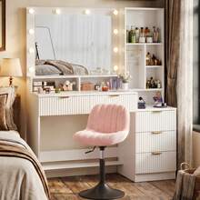 Devoko Modern Vanity Table With Mirror, LED Lighting With 3 Color Modes, 5 Drawers, Open Shelves, Jewelry Hooks And Integrated Power Outlet, Dressing Table For Bedroom, White - 查看 2