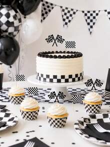 44pcs-Checkered Racing Glitter Double Flag And Checkered Cupcake Toppers; Black Glitter Racing Finish Line Checkered Flag Cupcake Toppers, Checkered Racing Flag Toothpicks, Suitable For Racing Flag Theme Baptism Party Cup Decoration, Racing Birthday Party Decoration, Sports Theme Event Checkered Flag Decoration - Multicolor - View 4