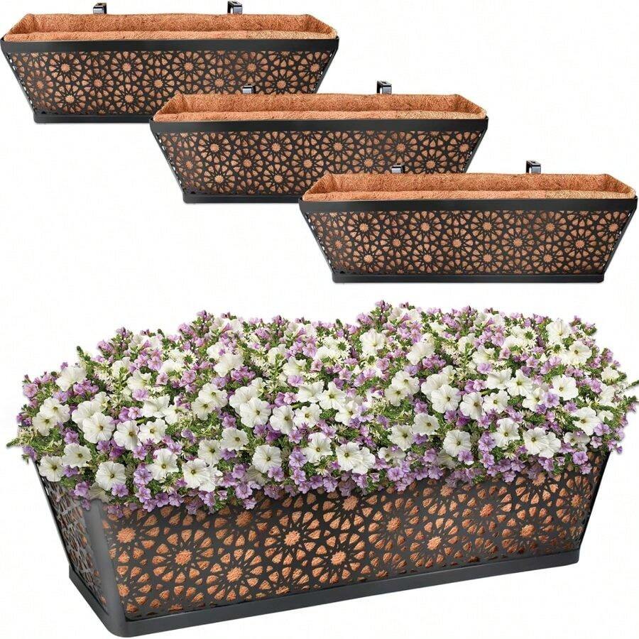4 Pack Window Box With Coco Liner 24 Inch | Metal Heavy Duty Window Flower Boxes Railing Planter For Windowsil Deck Fence Porch Balcony Patio Outdoor Lawn - 4 + 24 Inch - View 1