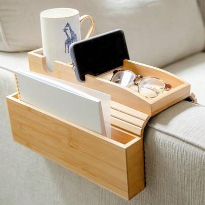 Couch Cup Holder With Side Storage Pocket Phone Holder - Non-Slip Sofa Armrest Tray Table Drinks, Cellphone, Remote Control, Snacks - Multifunctional Couch Arm Tray Organizer Caddy