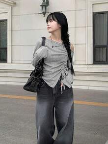 YCYC Gaya Korea Musim Gugur/Dingin Kaos Kasual Seksi Tanpa Bahu dengan Detail Kerut dan Tali Serut - Grey - View 6