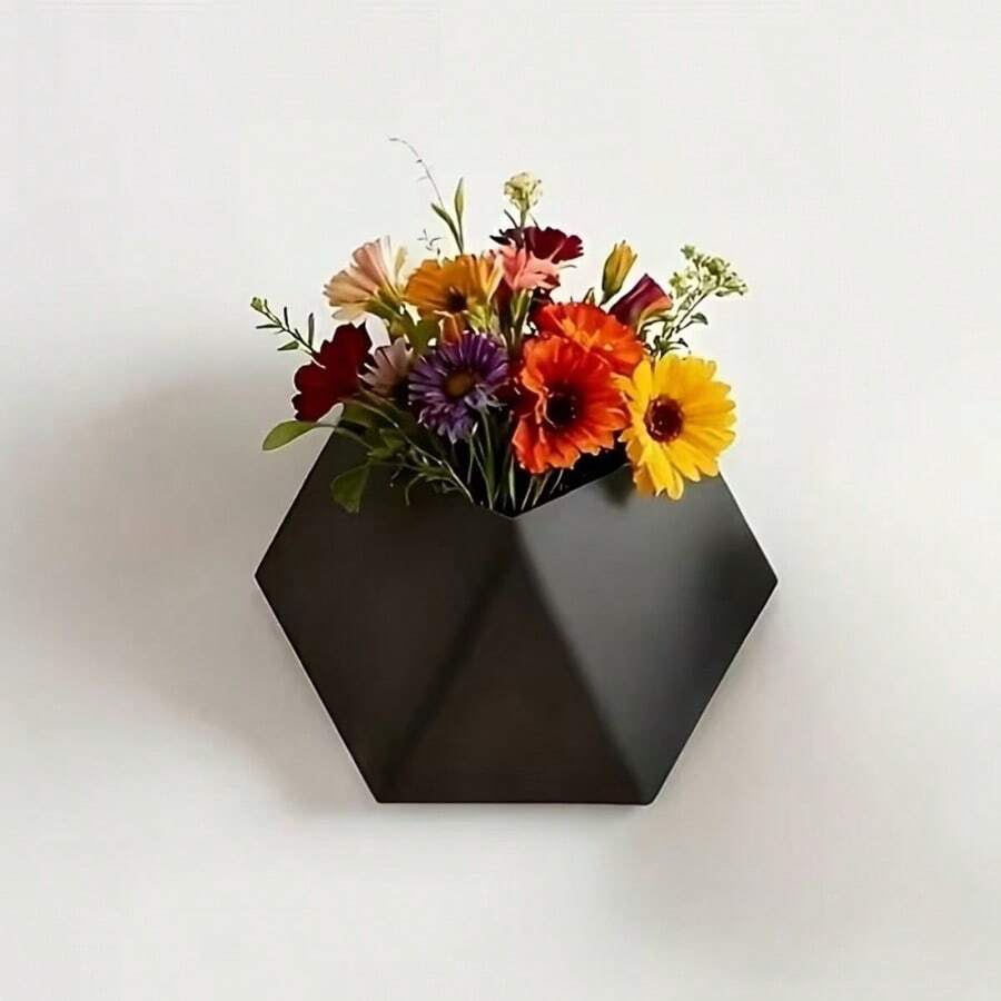 Black Hexagonal Wall-Mounted Planter, Minimalist Unique Hollow Design, Easy Installation, Suitable For Wall Decor - A - View 1