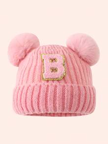 1pc Pink Kids Hat 26 Letters Baby Knitted Cap Boys Girls Warm Beanie Suitable For Outdoor Travel Daily Wear - Pink Gold Logo On Crown - Pink Double Ball Cap - View 5