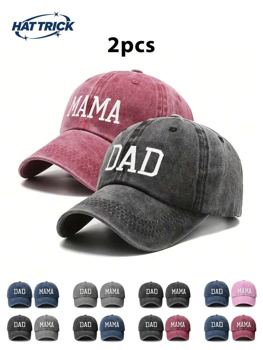 两件套男女通用纯色 DAD+MAMA 刺绣复古水洗棒球帽,宽松版型,尺码可调节,情侣休闲老爹帽,适合日常通勤、街头、户外、海滩、徒步、卡车司机、夏季、假日等场合。 - E - 查看 1