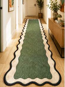 Heza Home Retro Postage Stamp Border Green Runner Rug, Washable Kitchen Rug, Textured Pattern Floor Mat For Living Room, Bedroom & Home Decor, Made In Türkiye - Beige - View 1