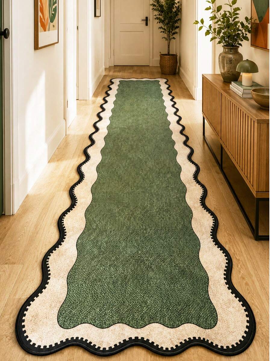 Heza Home Retro Postage Stamp Border Green Runner Rug, Washable Kitchen Rug, Textured Pattern Floor Mat For Living Room, Bedroom & Home Decor, Made In Türkiye - Beige - View 1