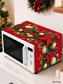 1pc Christmas Microwave Oven Cover, Bow&Christmas Ball, Poinsettia Design Polyester Household Kitchen Microwave Oven Dust Cover, Perfect For Holiday Kitchen Decor & Appliance Protection, Christmas Decoration, 2D Flat - Multicolor - View 4