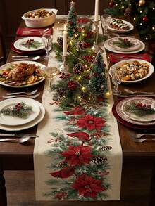 1pc Christmas Red Cardinal Poinsettia Print Table Runner, Pine Cone & Berry Table Runner, Suitable For Dining Table, Desktop, Fireplace Mantel, Living Room And Winter Holiday Decor - Multicolor - View 5