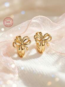 1 Pair 925 Sterling Silver Hypoallergenic Bow Earrings, Delicate And Elegant, Gift Boxed, Suitable For Daily Or Holiday Wear, Gift For Girls, Gift For Girl, Gift For Friends, Gift For Back To School, Holiday Gift - one-size - View 4