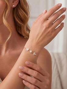1PC Dainty 14K Gold Thin Chain Bracelet, Single White Pearl Charm Delicate Wrist Jewelry, Minimalist Elegant Bracelet For Women Wedding Daily Party - Gold - View 1