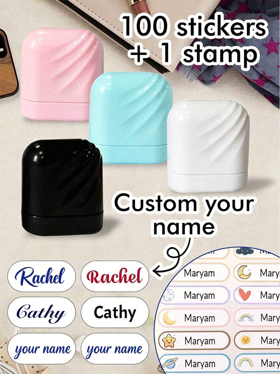 LICVIC 1pc Personalized Signature Stamp With 100pcs Stickers Customized Clothing Name Stamp Solid Color Handwritten Signature Stamp 4-Color Spiral 3-Color Ink Business Stamp - Style a - View 1