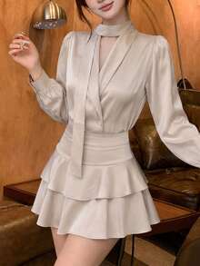 Autumn New Elegant Satin Blouse & Cake Skirt 2 Pieces Set, High-End Women's Outfit - Apricot - View 6