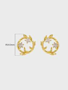 18K Gold Wreath Stud Earrings With Zirconia For Women Everyday 925 Sterling Silver Flower And Leaves Earring Jewelry - Gold - View 5