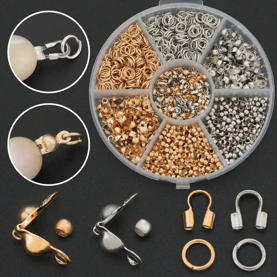 300pcs/600pcs/Box KC Golden+White K DIY Connector Parts Set Including Double-Ended End Caps, Positioning Beads, U-Shaped Clasps And Open Jump Rings, Suitable For DIY Chain End Connector Accessories, Handmade Beaded Jewelry Accessories, Wire Clamps, Bracelet Necklace Connector Parts, DIY Jewelry Making Materials - Snap Button & Positioning Bead & U-shaped Buckle & Jump Ring - View 1
