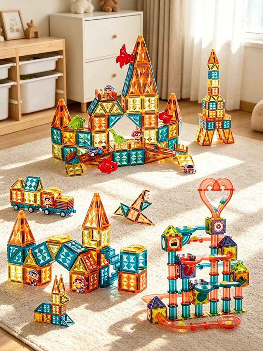 NEUSNEY Magnetic Tiles Building Blocks Kids Toy Set Magnetic Assembly Track Puzzle Interactive Game Gift Birthday Present Some Accessories Randomly Selected