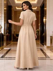 MODAMO REF AS1962 LONG DRESS WITH BELT AND ZIPPER - 米色 - 查看 2