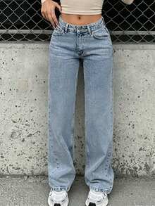 Jeans de pierna recta de mezclilla gris para adolescentes - Neblina azul - Ver 4