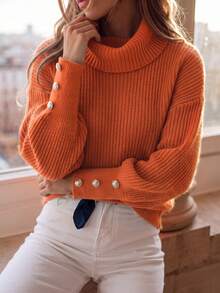 Women Loose High Neck Sweater, Casual Formal Ribbed Knit Button Up Long Sleeve Pullover Top - Orange - View 3