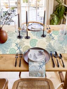 1pc Blue & White Coral Print Table Runner, Vacation Style Ocean Theme Faux Linen Woven Texture Stiff Fabric Rectangular Dining Table Cabinet Runner, Indoor Outdoor Decorative Table Runner, Suitable For All Seasons, Applicable For Daily, Wedding, Holiday Home Decor, Restaurant, Living Room, Dining Table Cabinet Decoration - Blue and White - View 7