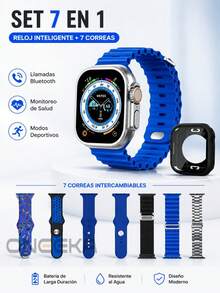 ONEEKA Set de 7 relojes inteligentes: esfera cuadrada, caja de acero inoxidable con correa de piel sintética, disponible en negro, azul y naranja. Perfecto como regalo de cumpleaños, Eid, Navidad o San Valentín para amigos y familiares | Deportes al aire libre | Vuelta al cole - Azul - Ver 1